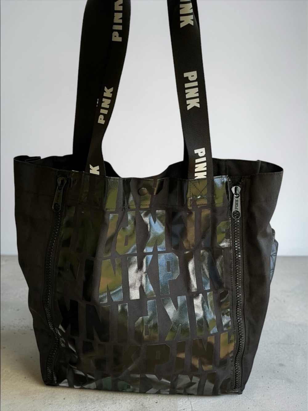 PINK Victoria Secret Black Tote Bag Expandable Gym Travel School Bag